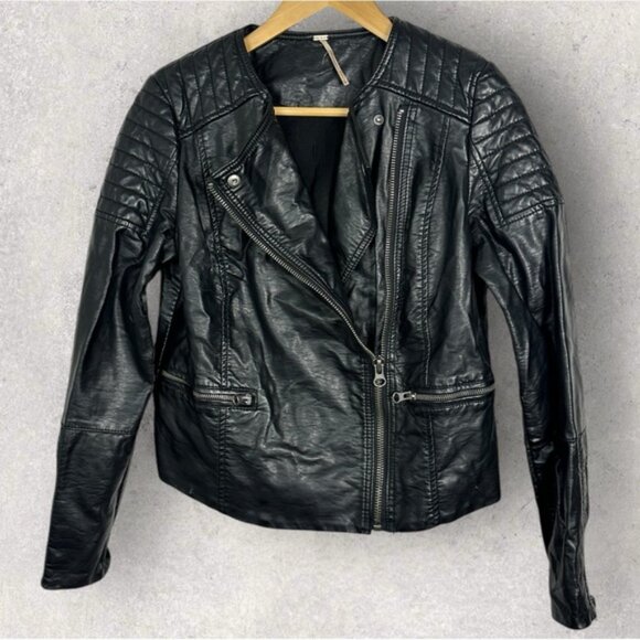 Free People Quilted Vegan Collarless Leather Jacket Black Size 4 Moto Biker Coat - Picture 2 of 15